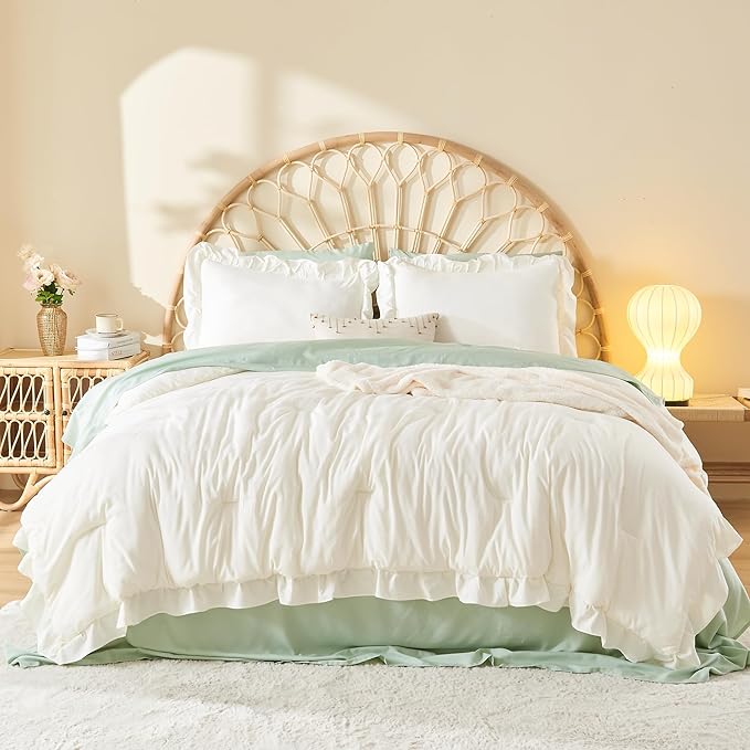 Litanika Twin Comforter Set Ivory, 2 Pieces Beige Ruffle Farmhouse Aesthetic Bedding Comforter Set, Lightweight Fluffy Microfiber Bed Set (66x90In Comforter, 1 Pillowcase)