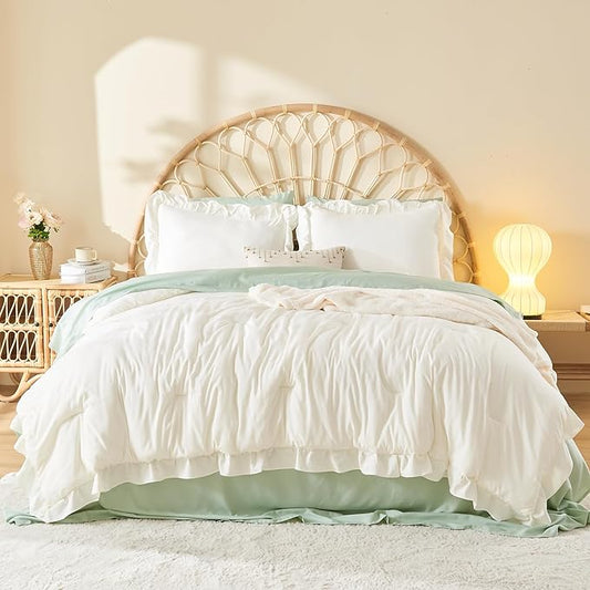 Litanika Twin Comforter Set Ivory, 2 Pieces Beige Ruffle Farmhouse Aesthetic Bedding Comforter Set, Lightweight Fluffy Microfiber Bed Set (66x90In Comforter, 1 Pillowcase)