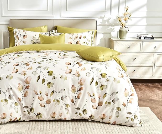 King Size Duvet Cover Set with Button Closure -Light Green and Yellow Botanical Luxury Bedding for a Comfortable Sleeping