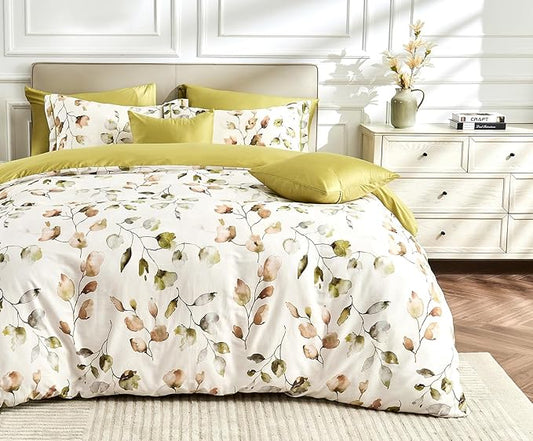 King Size Duvet Cover Set with Button Closure -Light Green and Yellow Botanical Luxury Bedding for a Comfortable Sleeping