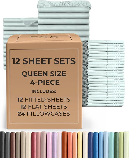 Bulk Case Pack of 12 Sheet Sets - (12) Complete Queen Size Sheet Sets with Deep Pockets - Wholesale Bulk Bedding for Hotels, Spas & Airbnbs - Breathable, Cooling and Wrinkle Free - (Queen, Ice Blue)