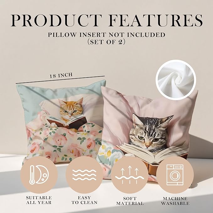 Funny Cat Reader Book Pillow Cover 18 x 18 Set of 2, Reading Nook Corner Decor, Gifts for Book Lovers, Preppy Floral Black Orange Tabby Tuxedo Cats Bookish Pillowcase（01）