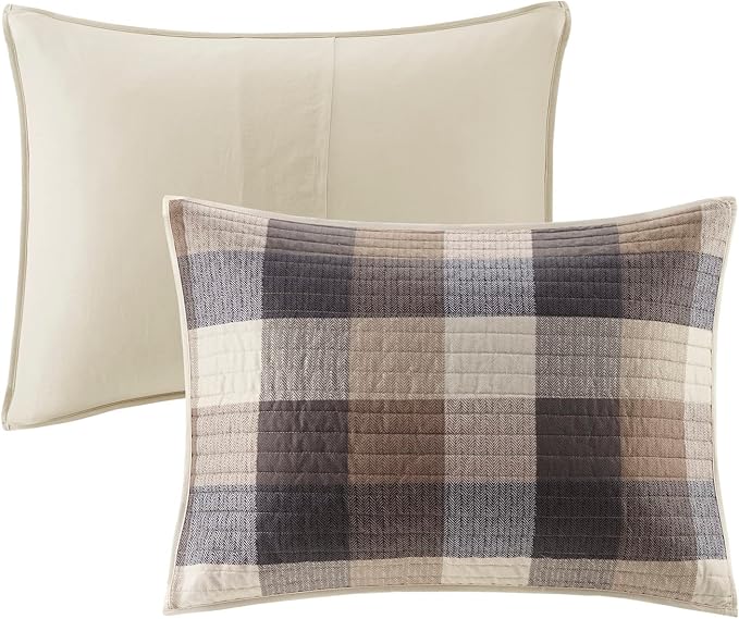Madison Park Reversible Quilt Cabin Lifestyle Plaid Design - All Season, Breathable Coverlet Bedspread Bedding Set, Matching Shams, Full/Queen(90"x90"), Neutral 6 Piece