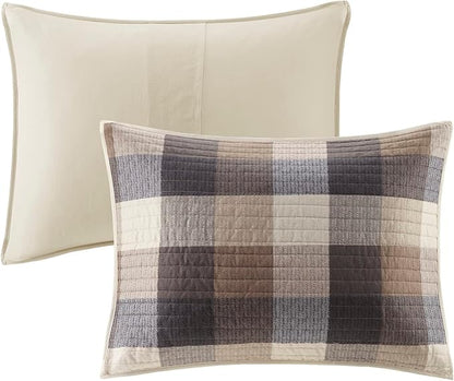 Madison Park Reversible Quilt Cabin Lifestyle Plaid Design - All Season, Breathable Coverlet Bedspread Bedding Set, Matching Shams, Full/Queen(90"x90"), Neutral 6 Piece