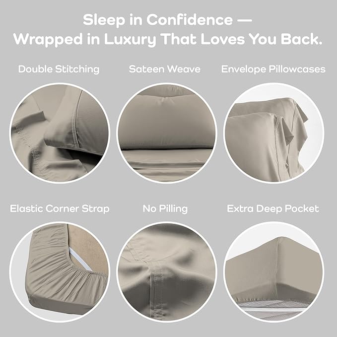 Olive + Crate Tencel Lyocell Eucalyptus Queen Size Sheet Set - Cooling Tencel Sheets for Hot Sleepers with 18 Inch Deep Pocket Fit - Taupe Sand 4-Piece Set