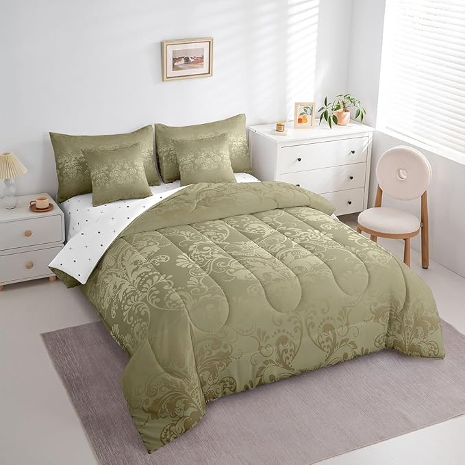 Erosebridal Gothic Damask Bed in a Bag King Size Comforter Set 7 Pieces,Exotic Moth Bedding Sets Olive Grey Victorian Floral Goth Sheet Set with Comforter