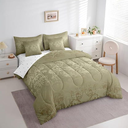 Erosebridal Gothic Damask Bed in a Bag King Size Comforter Set 7 Pieces,Exotic Moth Bedding Sets Olive Grey Victorian Floral Goth Sheet Set with Comforter