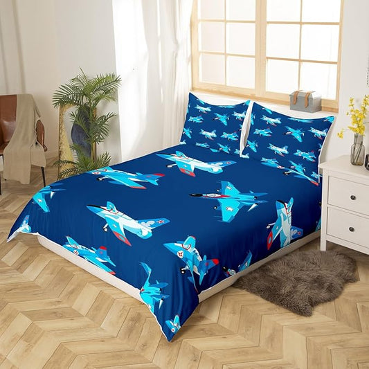 Castle Fairy Kids Aircraft Bedding Set Cartoon Transportation Vehicles Duvet Cover Set Boys Airplane Comforter Cover Navy Blue Bedspread Cover Bedroom Quilt Cover Full with 2 Pillowcase,No Comforter