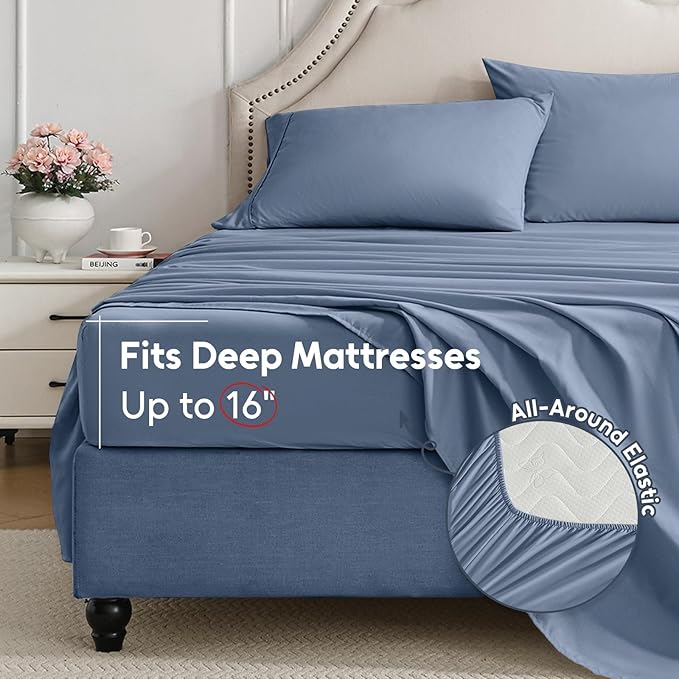 Full Size Bed Sheets Set, 4 Pieces Hotel Luxury Soft Microfiber Bed Sheets Set, Up to 16" Deep Pockets, Oeko-Tex Sheets with Elastic, Breathable, Wrinkle Free (Grey Blue, Full)