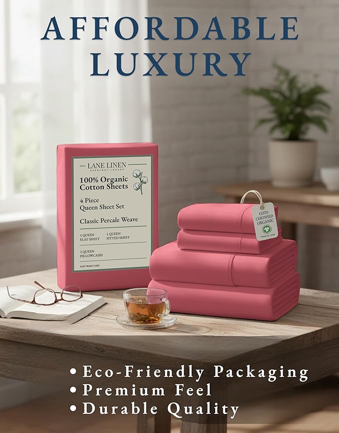 LANE LINEN 100% Organic Cotton Queen Sized Sheets, Fuly Elasticized Mercerized Low Pill Fade Resistant Percale Weave Bedsheets for Queen Size Bed, Soft and Comfy Sheet & Pillowcase Sets - Mineral Red