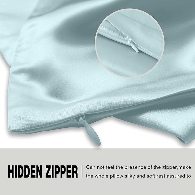 Suatien Mulberry Silk Pillowcase for Hair and Skin Silk Pillow Cases with Hidden Zipper Soft Smooth Cooling Silk Satin Pillow Cases for Sleeping Haze Blue-2 Pack Standard（20"X 26"）