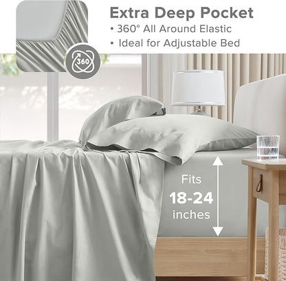 Comfort Spaces Extra Deep Pocket, 100% Cotton King Fits up to 24" Mattress, Breathable, Naturally Cool Cotton, Soft Cotton Sheets, All Seasons Sheet Set, Grey 4 Piece
