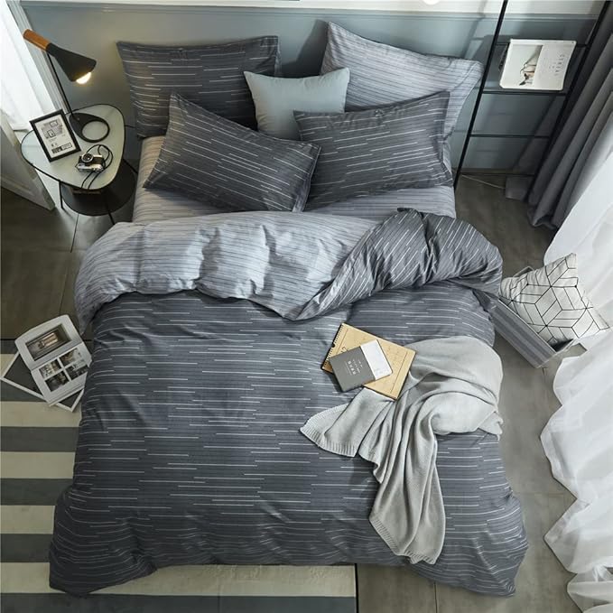 VM VOUGEMARKET Striped Comforter Set Queen,3 Pieces Blue Grey Stripes Comforter with 2 Pillowcases for Teen Boys Men Simple Modern Bedding Set (90"x90")