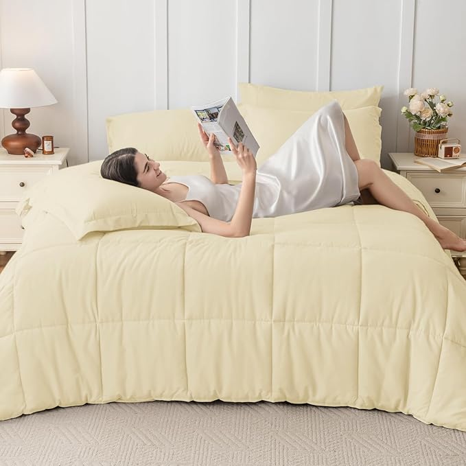 JOLLYVOGUE Twin XL Comforter Set, Ultra-Soft Bed in a Bag Twin XL Size 5 Pieces, Oeko-TEX Certified Bedding Set with Down Alternative Comforter, Sheets, Pillowcases & Shams, Light Yellow