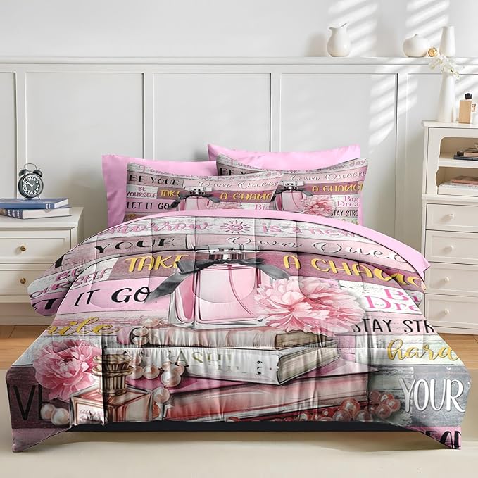 Nesker Comforter Set Twin Size, Girly Hot Pink Perfume 5 Pcs Bedding for Kids and Adults, Girls Quotes Motivational Book Bed Sheet Sets with Fitted Sheet Pillowcase & Sham