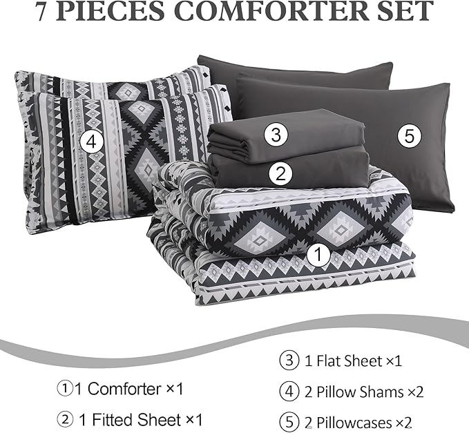 Dinjoy California King Comforter Set Size, Dark Gray Cal King Bed in a Bag Boho Black Bedding Sets Fall 7 Pieces Striped Oversized Bed Set with Comforters, Sheets, Shams for All Season