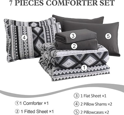 Dinjoy California King Comforter Set Size, Dark Gray Cal King Bed in a Bag Boho Black Bedding Sets Fall 7 Pieces Striped Oversized Bed Set with Comforters, Sheets, Shams for All Season