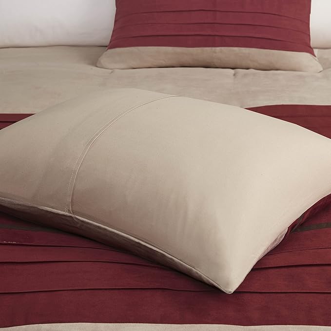 Madison Park Palmer Comforter Set-Luxury Faux Suede Design, Striped Accent, All Season Down Alternative Bedding, Matching Shams, Decorative Pillow, Bed Skirt, King (104 in x 92 in), Red 7 Piece