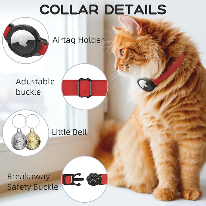AirTag Cat Collars, Stretchy Collar with AirTag Holder and Bell | Breakaway - Ultra Design Elastic - GPS Tracking Collars - Adjustable Size for Cats & Puppies 7.5-12.5" - (Red)
