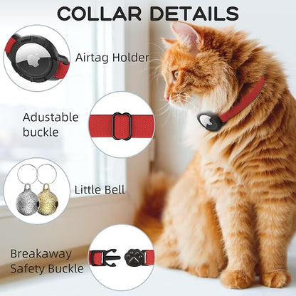 AirTag Cat Collars, Stretchy Collar with AirTag Holder and Bell | Breakaway - Ultra Design Elastic - GPS Tracking Collars - Adjustable Size for Cats & Puppies 7.5-12.5" - (Red)