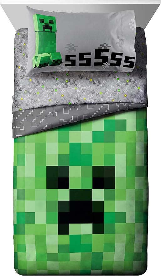Minecraft Creeper 4 Piece Twin Bed-in-A-Bag Bedding Set with Bonus Tote
