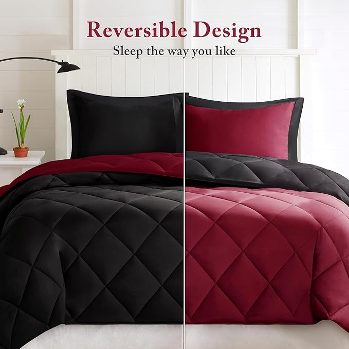 Madison Park Comforter Set, Reversible Down Alternative All Season Microfiber Bedding, 3M Scotchgard Stain Release, Twin/Twin XL Dorm Comforter, Red/Black