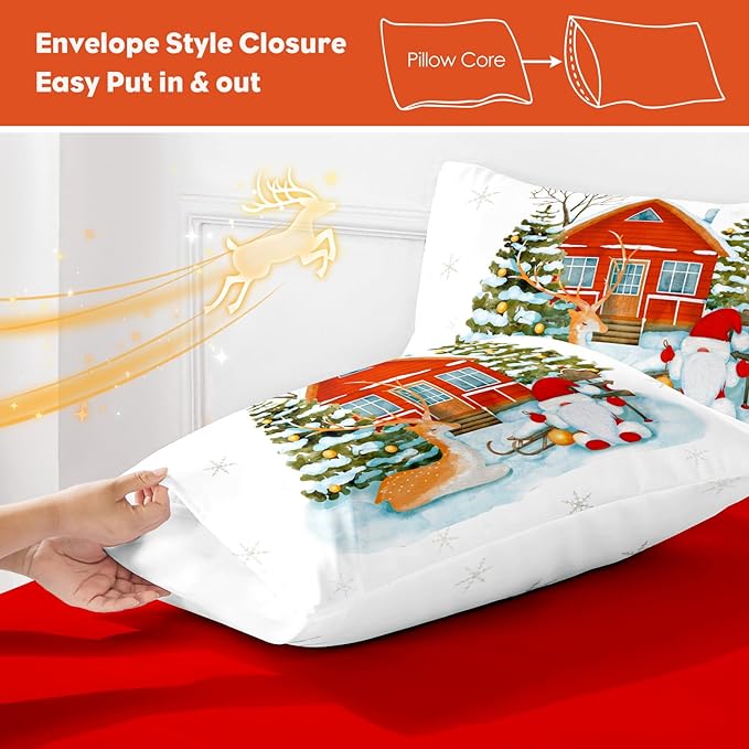 YIYEA Christmas Pillow Cases Standard Size Set of 4, Ultra Soft Double Brushed Microfiber Red Pillowcases and Christmas Pillow Covers, Envelope Closure, Fade Resistant (20"x26")