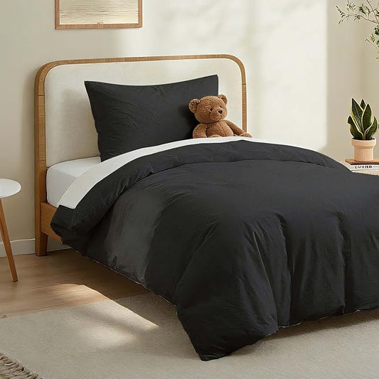 LOVQUE Black Duvet Cover Twin Size, 100% Washed Cotton Linen Like Bedding Set with Zipper Closure (No Comforter), 68x90 Inches