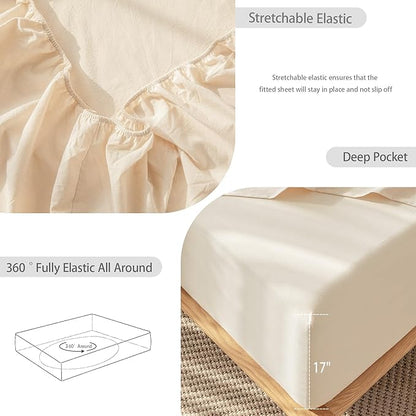 MooMee Bedding Sheet Set 100% Washed Cotton Linen Like Textured Breathable Durable Soft Comfy (Solid Sandy Beige, King)