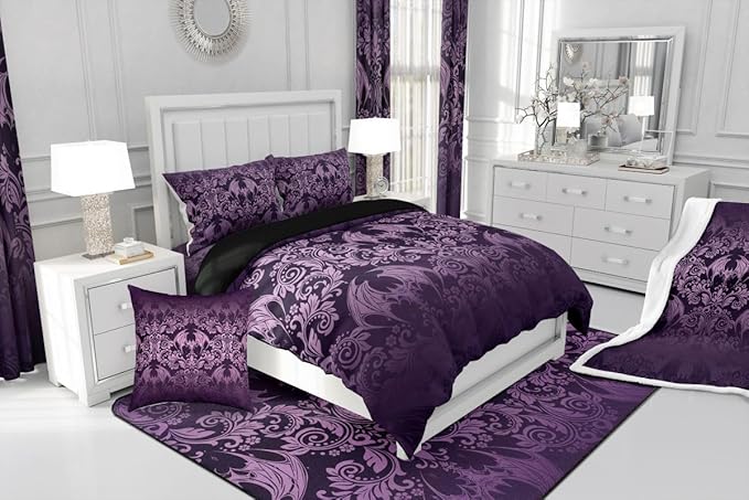 Feelyou Gothic Damask Print Comforter Set Twin Size Purple Goth Bat Victorian Floral Bedding Set for KidsBoho Bohemian Exotic Duvet Quilt Bedroom Decor Microfiber 2 Pcs with 1 Pillow Cases