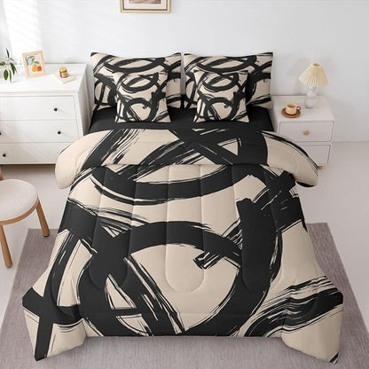 Erosebridal Black Beige Abstract 7 Piece Comforter Set Full Bed in A Bag Modern Graffiti Minimalist Line Bedding Set Simple Cool Unique Geometric Sketch Sheet Set Ink Painting Aesthetic Quilt