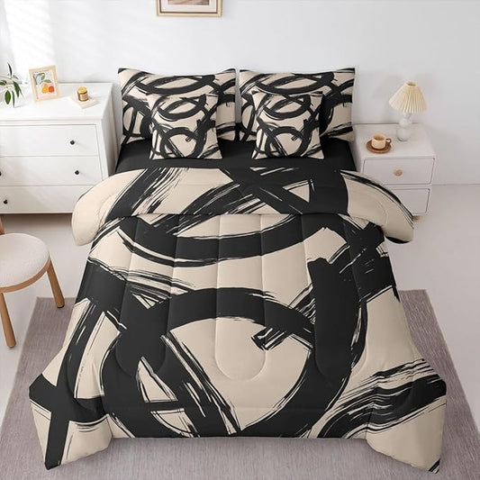 Erosebridal Black Beige Abstract 7 Piece Comforter Set Full Bed in A Bag Modern Graffiti Minimalist Line Bedding Set Simple Cool Unique Geometric Sketch Sheet Set Ink Painting Aesthetic Quilt