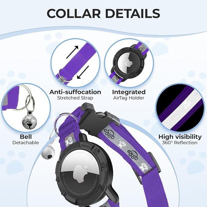 Breakaway AirTag Cat Collar, Reflective Cat Tracker Collar with Bell | Built in AirTag Holder, Adjustable 8.5-12in for Cats, Kittens and Puppies, Safety Elastic Band, Reflective for Night Walking