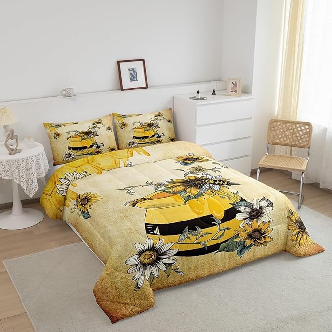 Erosebridal Yellow Bee Bedding Set,Sweet Honey Can Comforter Set for Teens Adult Women,Gerbera Floral Duvet Set 3Pcs with 2 Pillow Cases,Vintage Cartoon Microfiber Down Comforter,Full Size