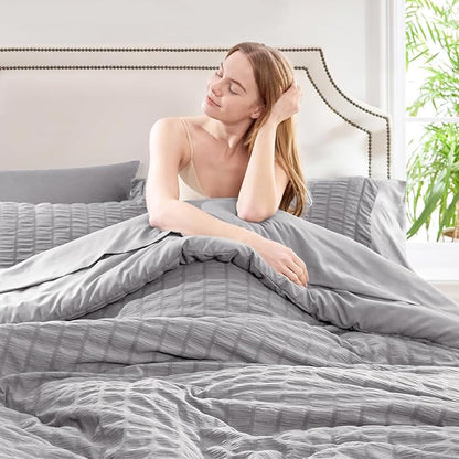 CozyLux King Size Comforter Set Grey Seersucker 7 Pieces Bed in a Bag King Comforter Set with Sheets, Gray Luxury Soft Bedding Sets with Down Alternative Comforter, Sheets, Pillowcases & Shams