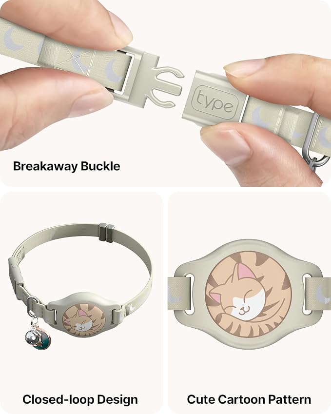 typecase Reflective Breakaway Cat Collar with AirTag Holder, Khaki & White | Khaki Reflective Breakaway Cat Collar With Bell And Silicone AirTag Holder; Adjustable 8-12 In; AirTag Not Included
