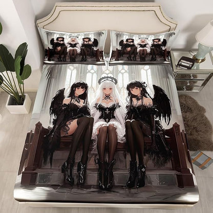 Erosebridal Japanese Anime Queen Size Bedding Set, Anime Girl Bed Sheets Kawaii Japanese Style Fitted Sheet Cartoon Japan Animation Bed Set for Boys Youth Teens Adult Women Bedroom Decor