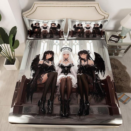 Erosebridal Japanese Anime Queen Size Bedding Set, Anime Girl Bed Sheets Kawaii Japanese Style Fitted Sheet Cartoon Japan Animation Bed Set for Boys Youth Teens Adult Women Bedroom Decor