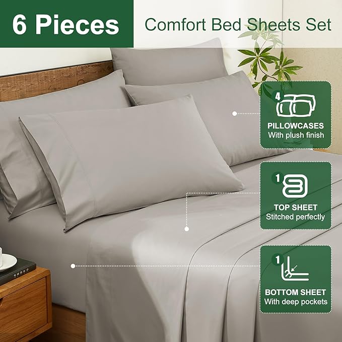 Ivellow 100% Egyptian Cotton Sheets Queen Size Set - 1200 Thread Count 6 PC 18" Deep Pocket Queen Size Bed Sheet Set，Luxury Soft Breathable Beige Cooling Sheet Sets Durable Hotel Quality Bedding
