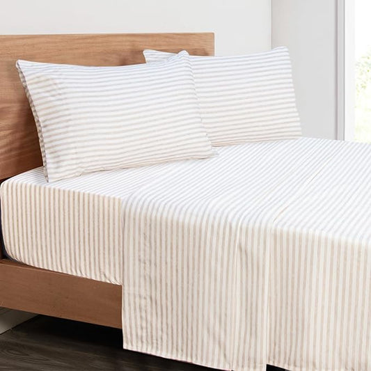 Mejoroom Striped Full Size Sheets - 1800TC Luxury Full Sheets with 16 Inch Deep Pocket - Premium Bedding Collection - Extra Soft, Breathable, Wrinkle, Fade & Stain Resistant - 4 Piece (Beige Stripe)