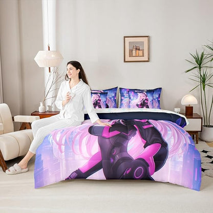 Erosebridal King Anime Girl Bedding Set 7 Piece, Kawaii Japanese Anime Comforter Sets Cartoon Girl Sheet Set Sci Fi Style Japanese Animation Bed in A Bag for Kids Girls Teens Adult Women Room