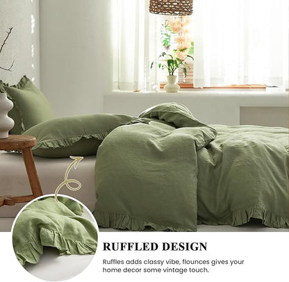 Simple&Opulence 100% Linen Duvet Cover Set, 3 PCS Natural French Flax Sage Green Ruffle Duvet Cover King Size, Breathable Comfy Linen Bedding Comforter Cover with 2 Pillowcases(Sage Green, 104" X 92")