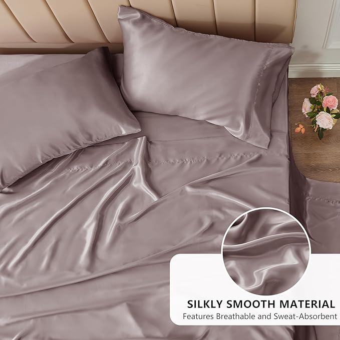 CozyLux Satin Sheets Full Size Sheets - 4 Piece Silky Full Size Bed Sheets, Luxury Dusty Purple Full Bed Set with Smooth and Soft Microfiber, Includes 1 Fitted Sheet, 1 Flat Sheet and 2 Pillowcases