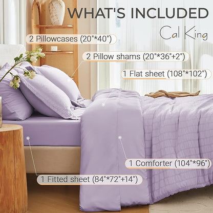 MUXHOMO 7 Pieces California King Comforter Set, Seersucker Bed in a Bag Cal King Size, All Season Luxury Bedding Set with Comforter, Flat Sheet, Fitted Sheet, Pillowcases & Shams, Lavender