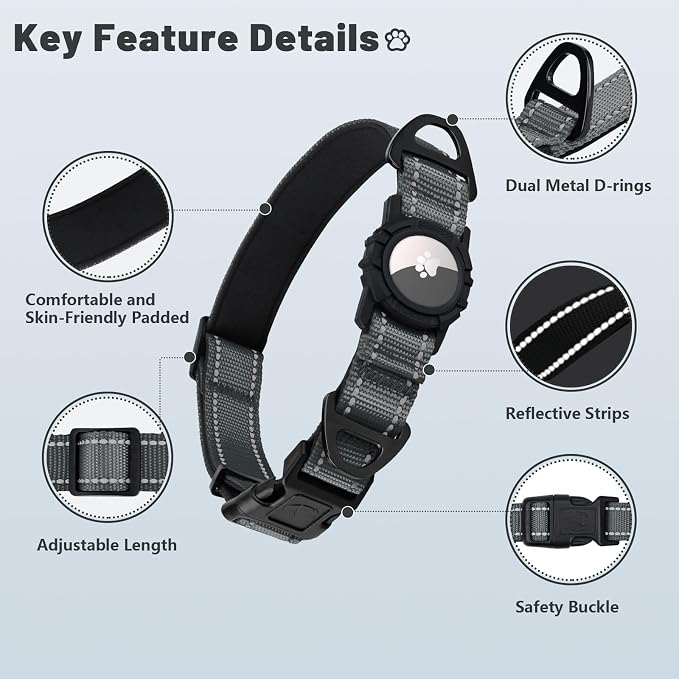 Taglory AirTag Dog Collar with Waterproof Holder for Small Dogs, Gray, S | Reflective for Night Walks & Low-Light Safety, Track Your Pup Peace of Mind, Adjustable Soft Padded, No More Dangling Tags