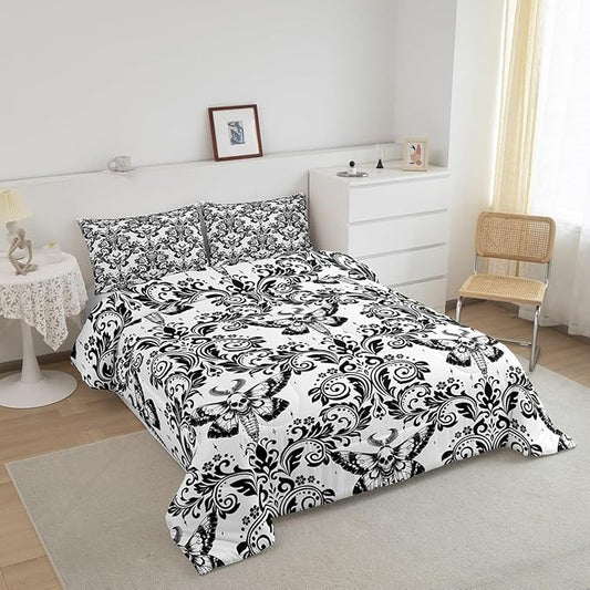 Feelyou Adults White Vintage Damask Floral Comforter Set Oriental Antique Comforter Twin Size Gothic Bohemia Boho Flower Bedding Set Gothic Skull Duvet Set Quilt Set 2Pcs