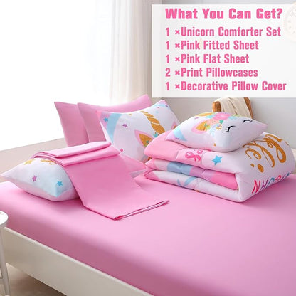 JQinHome Unicorn Twin Bedding Sets for Girls Kids,6 Piece Bed in A Bag 3D Colorful Flower Girl Unicorn Comforter Set with Sheet Set(Sparkle)