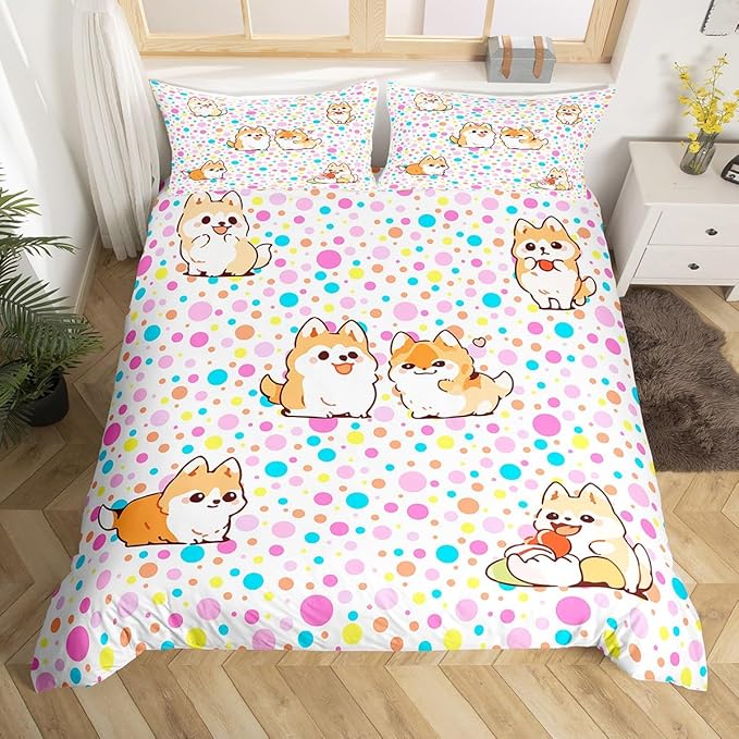 Kawaii Dogs Bedding Set Colorful Polka Dots Duvet Cover Set Cartoon Puppies Comforter Cover Set Cute Pet Theme Bedspread Cover Bedroom Quilt Cover 3Pcs Queen with 2 Pillowcase,No Comforter