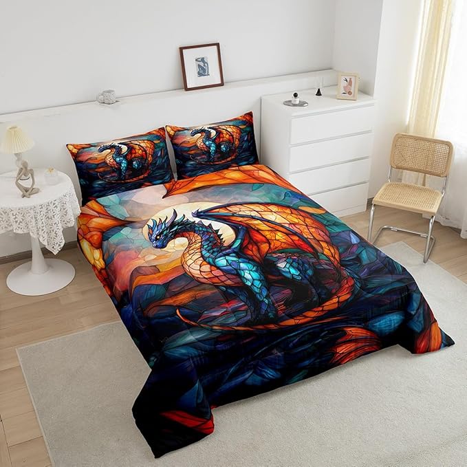 Feelyou Dragon Comforter Set Full Size Dragon Stuff Comforter for Boys Girls Teens Wild Life Bedding Set Orange Blue Duvet Set Room Decor Quilt Set