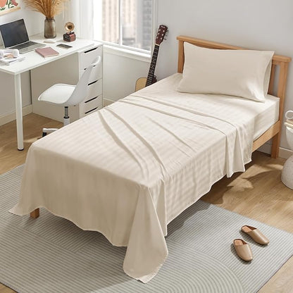 SLEEP ZONE Striped Cooling Twin Sheets Set for Kids - Fitted Flat Sheet & Pillowcase Sets 3 Piece - Super Soft Stripe Bed Sheet, Easy Care, Deep Pocket (Beige, Twin)
